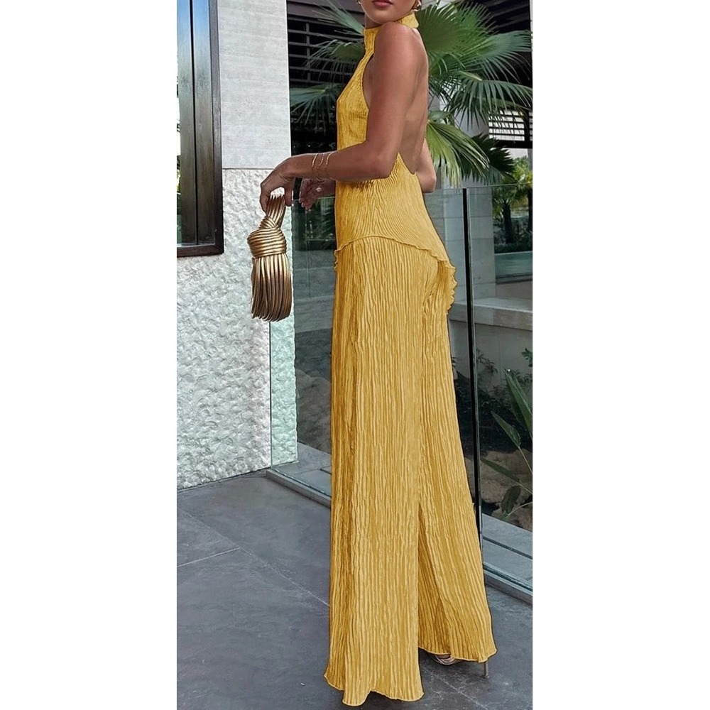 Commense Yellow Plisse Two Piece Set Halter Asymmetrical Top Wide Leg Pants Sm - Picture 2 of 9